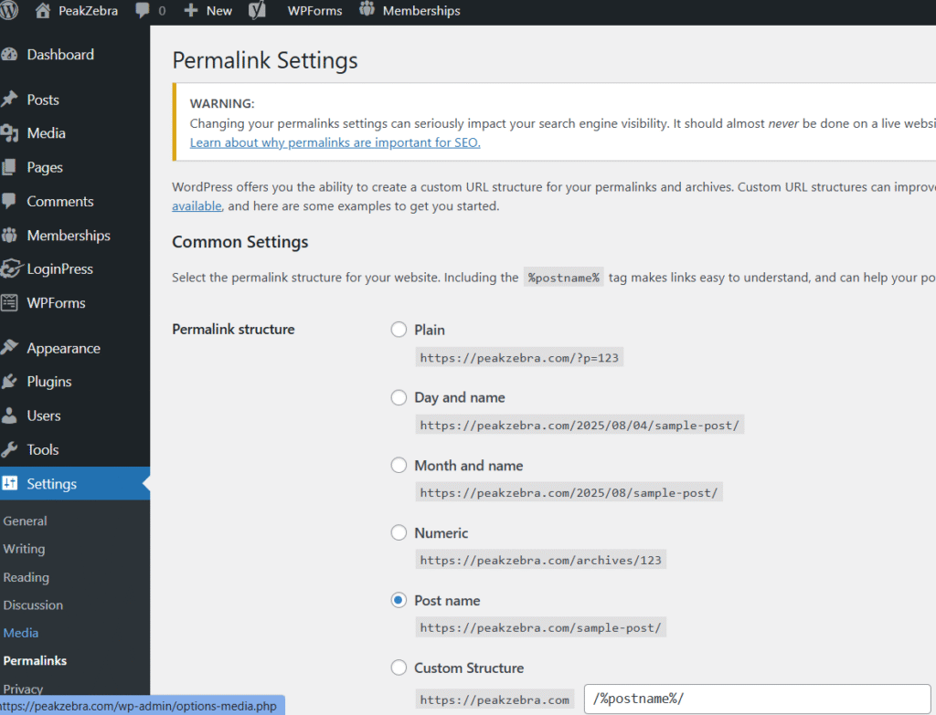 A view of the WordPress admin area, showing a group of cryptic settings for "Permalink structure"